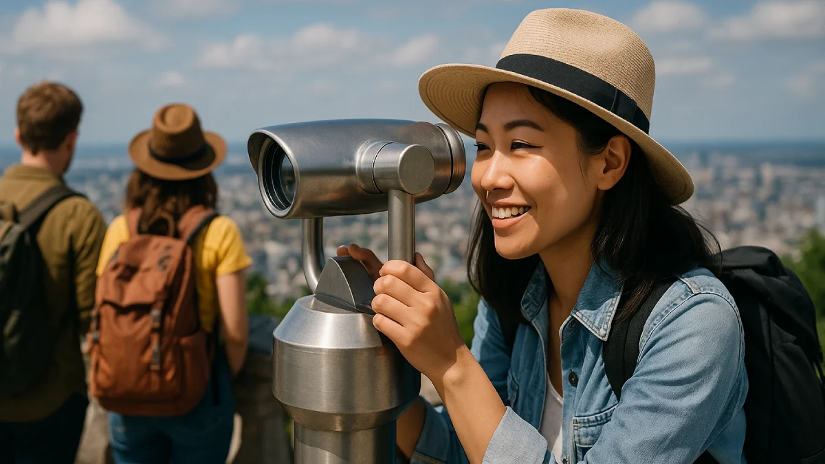 Seorang wanita menggunakan teleskop untuk menikmati pemandangan kota dari ketinggian, sementara dua traveler lainnya berdiri di belakangnya, semua menjadi bagian dari Tren Wisata 2025 yang menggabungkan teknologi dan pengalaman alam.