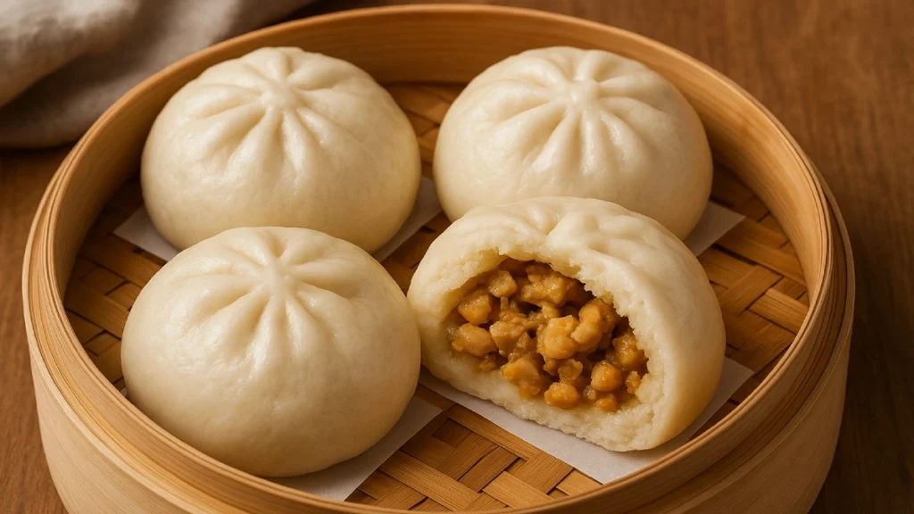 Empat bakpao ayam berbentuk bulat dengan permukaan halus dan mengembang, disajikan dalam wadah bambu. Satu buah terpotong menunjukkan isiannya berupa daging ayam cincang berwarna kecokelatan yang lembut.