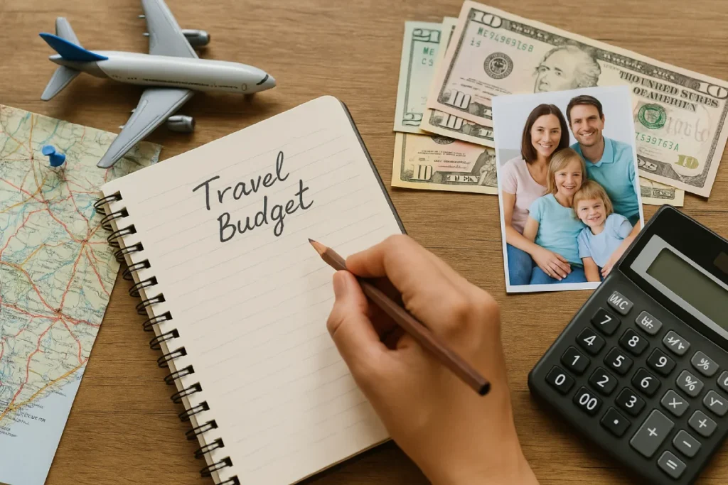 Seorang tangan menulis "Travel Budget" di buku catatan dengan alat perhitungan dan foto keluarga di sekitarnya sebagai simbol budgeting perjalanan keluarga yang praktis dan terencana.