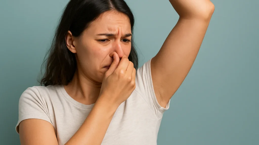 Seorang wanita mencium lengan atasnya dengan ekspresi tidak nyaman, melambangkan masalah Cara Menghilangkan Bau Badan.