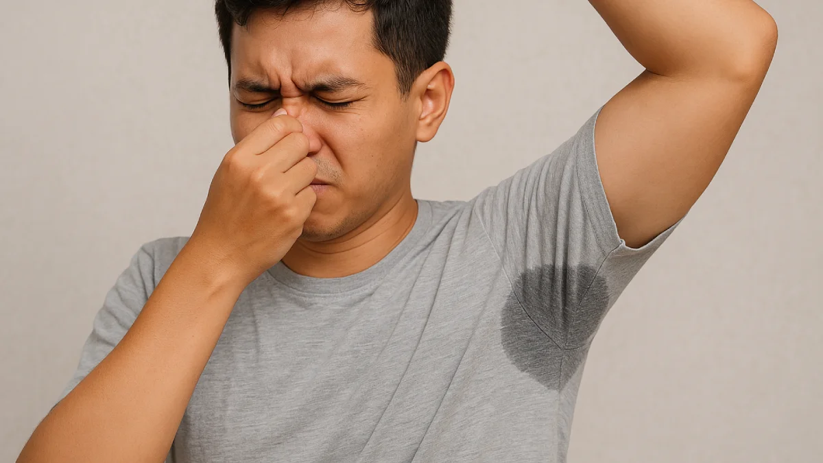 Seorang pria mencium lengan atasnya dengan ekspresi tidak nyaman, menunjukkan keberadaan keringat berlebih dan bau badan yang mengganggu.