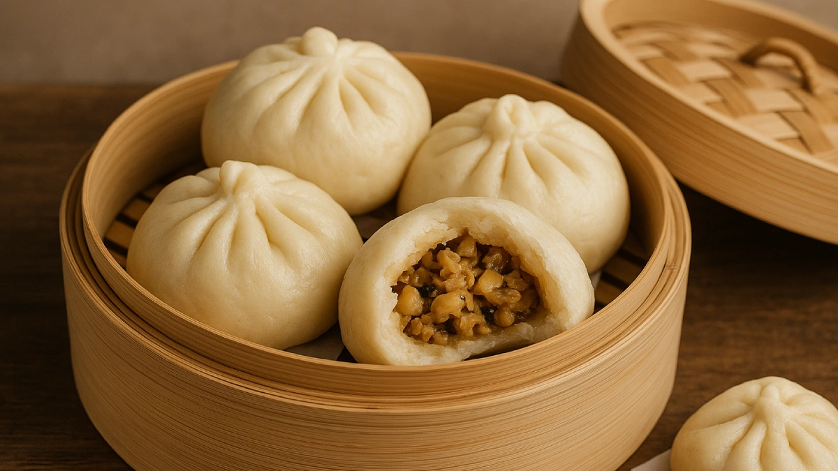 Bakpao ayam empuk berwarna putih disajikan dalam wadah bambu, salah satunya terbuka menunjukkan isiannya yang berwarna cokelat keemasan dengan potongan daging ayam dan bumbu.