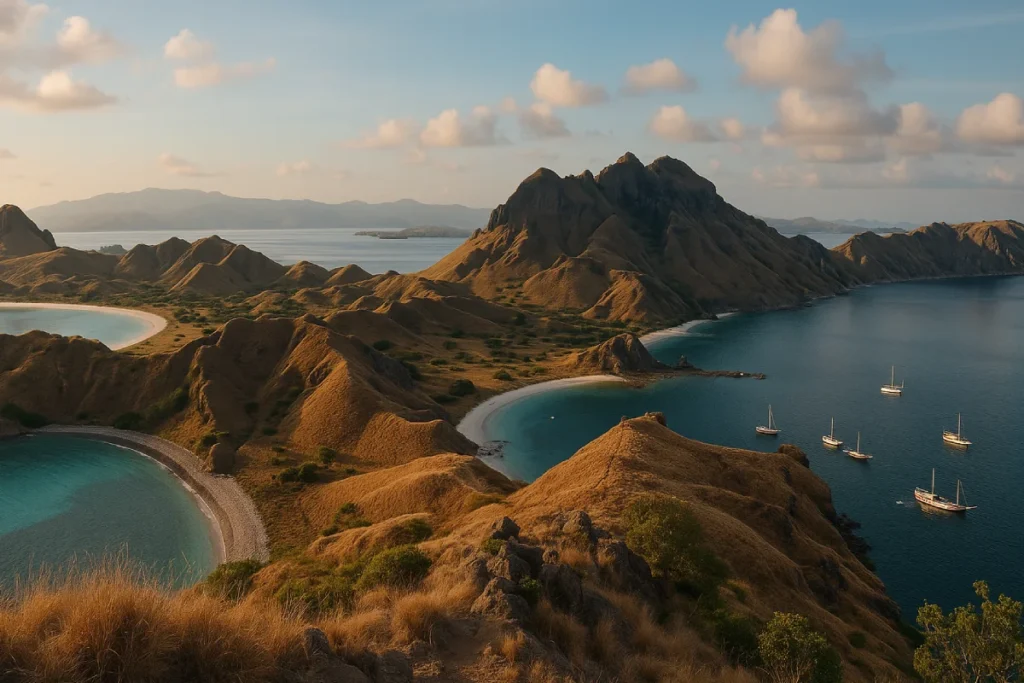 Pemandangan Labuan Bajo dengan bukit hijau, pantai pasir putih, dan laut biru jernih yang dikelilingi kapal layar, simbol keindahan alam Nusa Tenggara Timur.