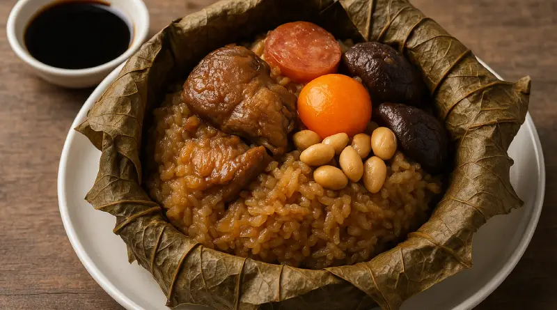 "Lo Ma Kai, hidangan Tiongkok tradisional berisi nasi ketan, daging babi panggang, sosis, jamur kaki ayam, telur puyuh, dan kacang tanah, dibungkus daun lotus. Disajikan di piring putih dengan saus kicap hitam."