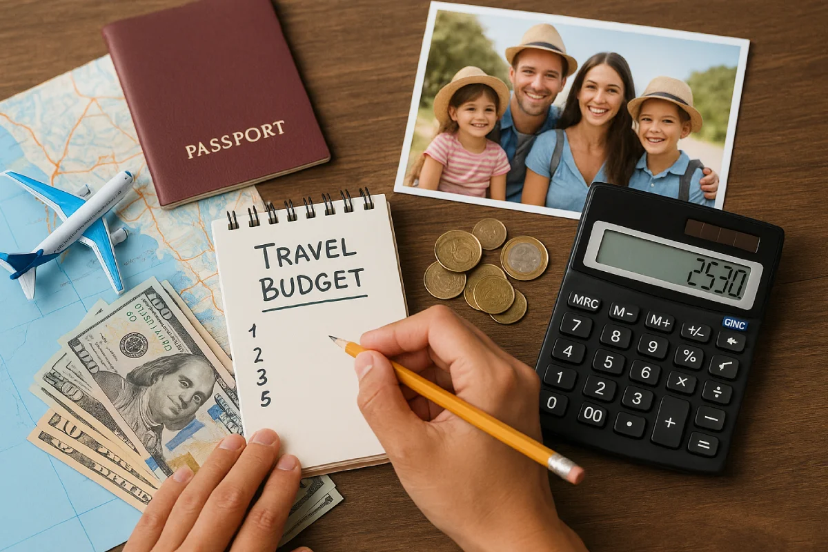 Seorang tangan menulis angka di buku catatan bertuliskan "TRAVEL BUDGET" dengan kalkulator, uang, paspor, dan foto keluarga di sekitarnya sebagai simbol budgeting perjalanan keluarga yang terencana dan realistis.