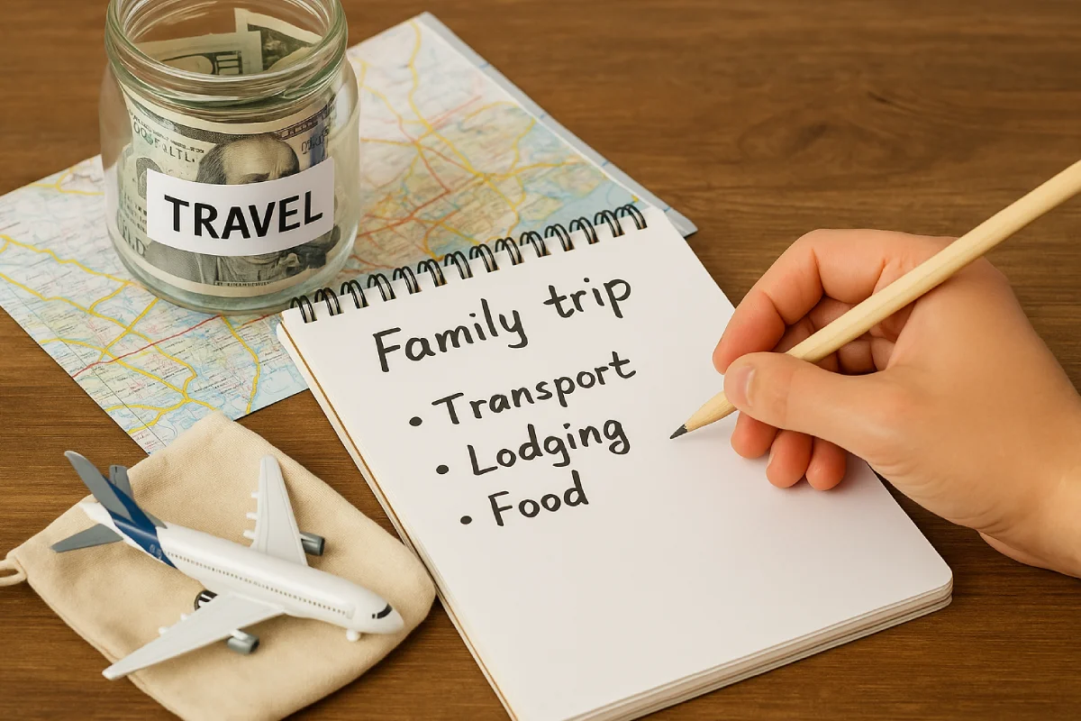 Sebuah buku catatan bertuliskan "Family trip" dengan poin Transport, Lodging, dan Food, disertai jar berisi uang bertuliskan "TRAVEL" adalah simbol budgeting perjalanan keluarga yang terstruktur dan realistis.