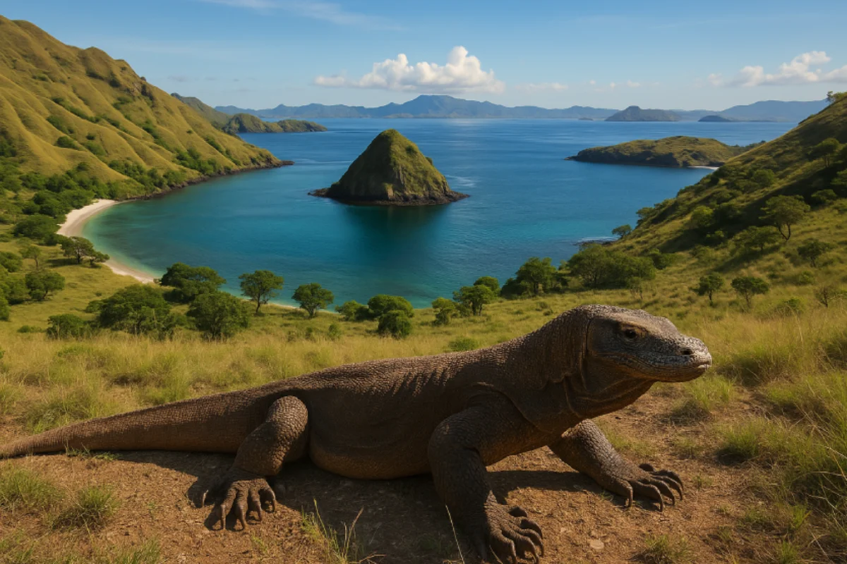 Seekor komodo besar berdiri di atas bukit kering berumput pendek, dengan lanskap Pulau Komodo yang luas di belakangnya.