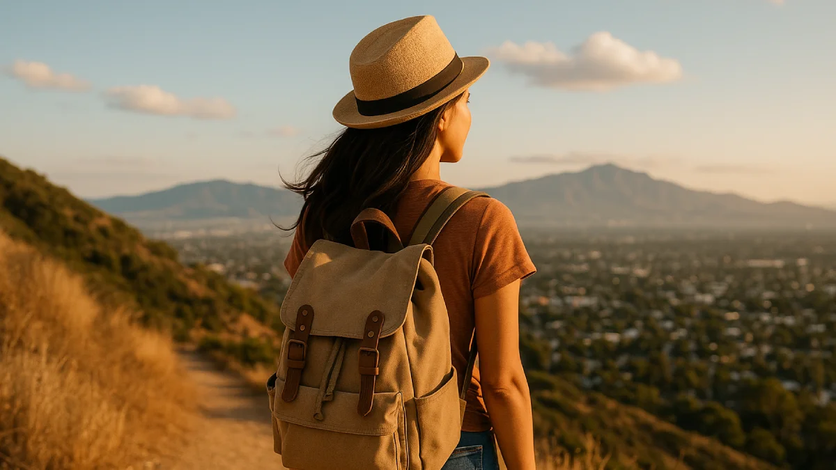 Travel solo, melancong sendirian di lereng bukti, menghadap kota dan gunung dengan langit jingga.