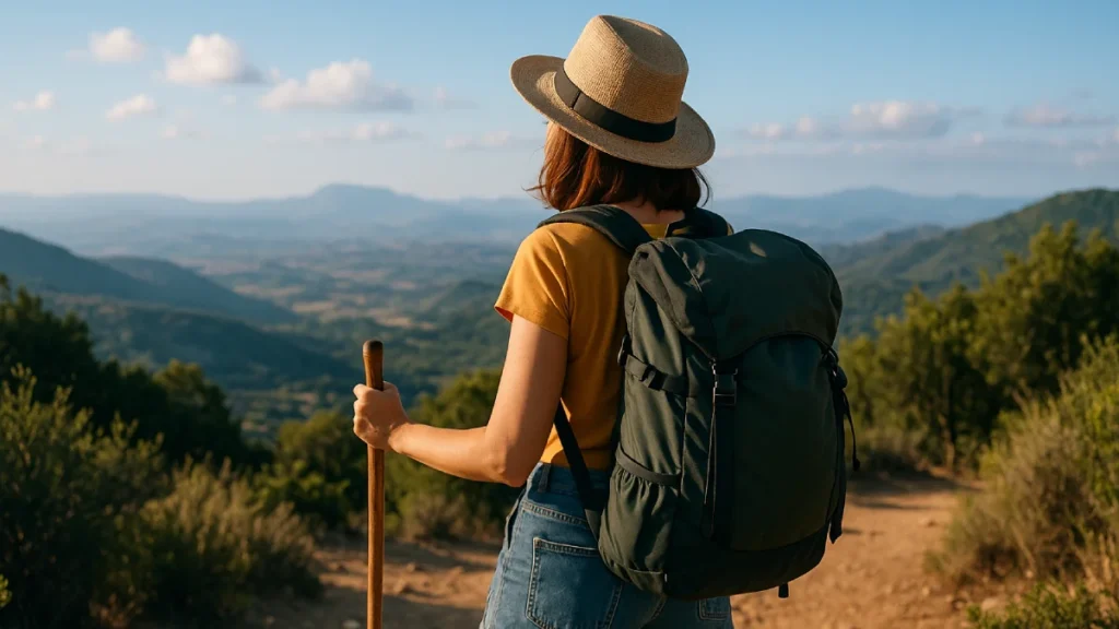 Seorang pelancong solo (travel solo) dengan ransel hijau dan topi rotan berdiri di puncak gunung, menikmati pemandangan lembah yang luas.