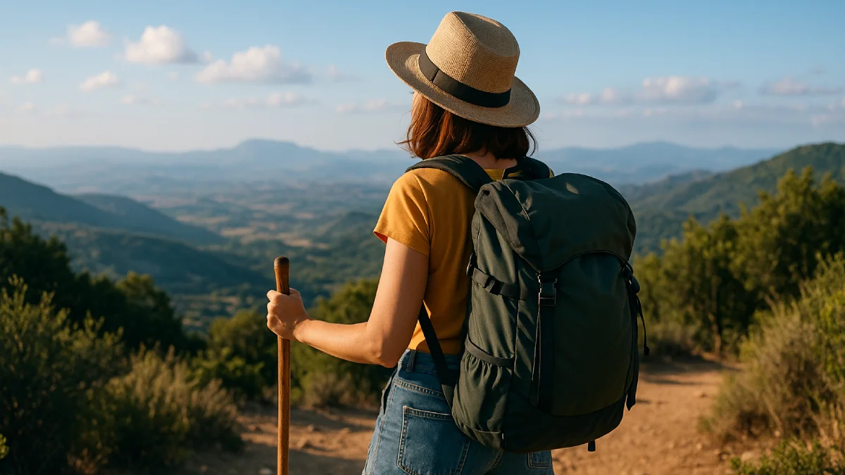 Seorang pelancong solo (travel solo) dengan ransel hijau dan topi rotan berdiri di puncak gunung, menikmati pemandangan lembah yang luas.