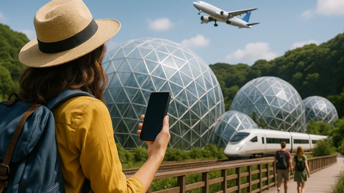 Seorang wanita menggunakan ponsel sambil menikmati pemandangan Tren Wisata 2025 yang menggabungkan pesawat terbang, kereta api modern, dan kubah transparan futuristik di tengah hutan.