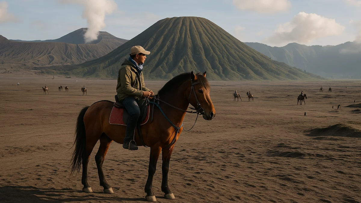 Wisata kuda di Bromo di tengah padang pasir luas dengan latar gunung Bromo yang berawan