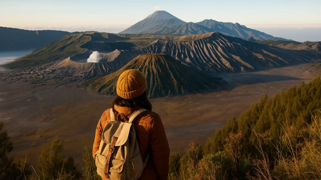 Seorang traveler berdiri di atas bukit sambil menikmati pemandangan matahari terbit di kawasan wisata ke Bromo, dengan lanskap gunung dan lautan pasir yang terbentang luas di bawahnya.