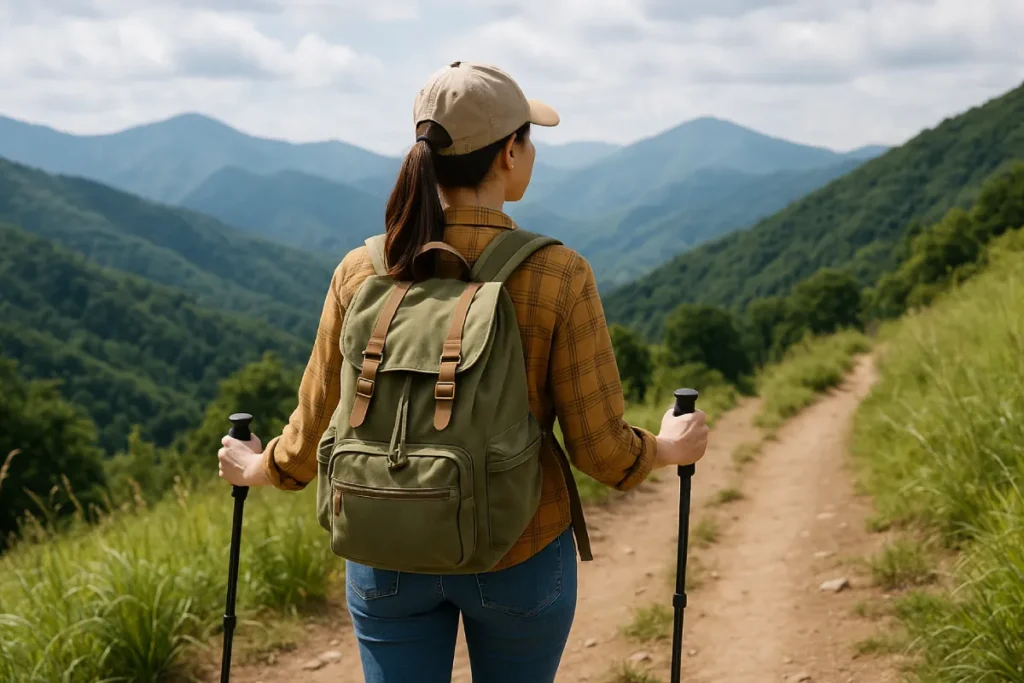 tips hiking untuk pemula dengan seorang pendaki membawa ransel kecil, berdiri di jalur alam dengan pemandangan perbukitan, siap menjelajah dengan percaya diri.