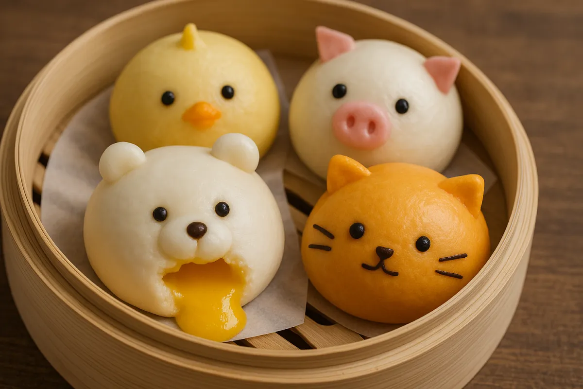 bakpao custard hewan dengan berbagai bentuk menggemaskan seperti kelinci, kucing, dan burung, menghadirkan camilan lucu yang menggugah selera.