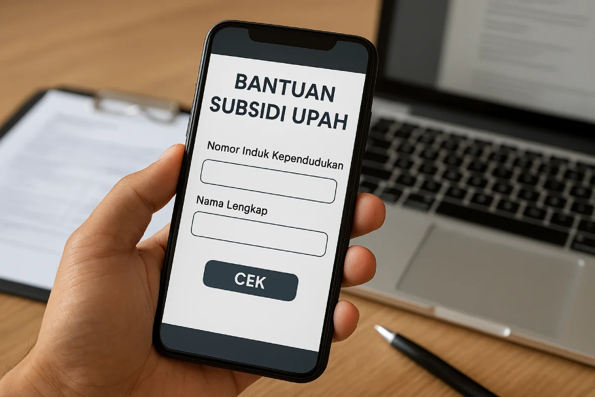 Seorang pengguna memasukkan data di aplikasi Bantuan Subsidi Upah melalui ponsel.