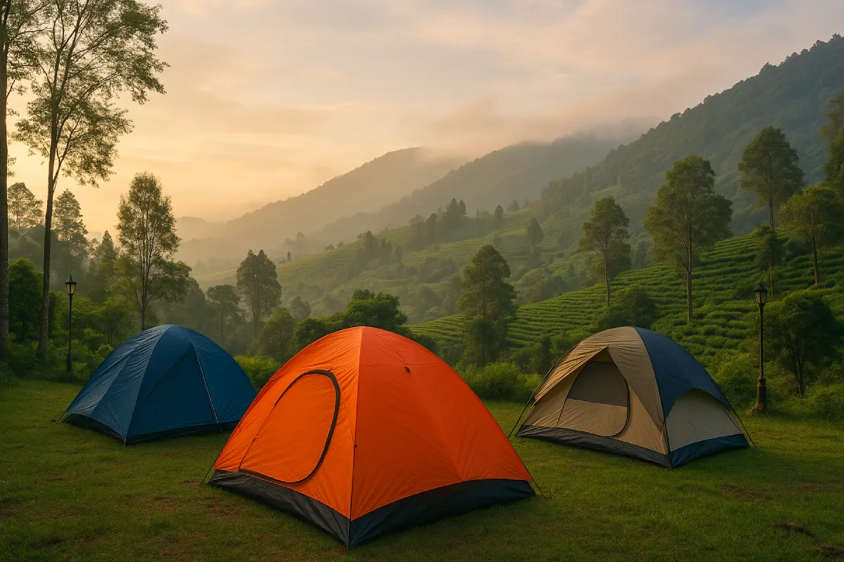 Camping Ground Puncak Pass dengan tenda berdiri di kawasan terbuka, dikelilingi pepohonan pinus dan udara sejuk khas ketinggian, dengan latar jalan berkelok dan pemandangan perbukitan.
