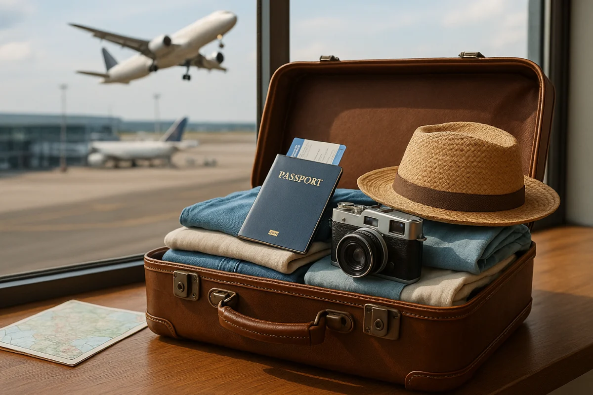 Koper cokelat terbuka di meja dengan paspor, kamera, topi, dan pakaian rapi sebagai simbol Cara Liburan ke Luar Negeri yang terencana dengan baik, diiringi pesawat lepas landas di latar belakang.