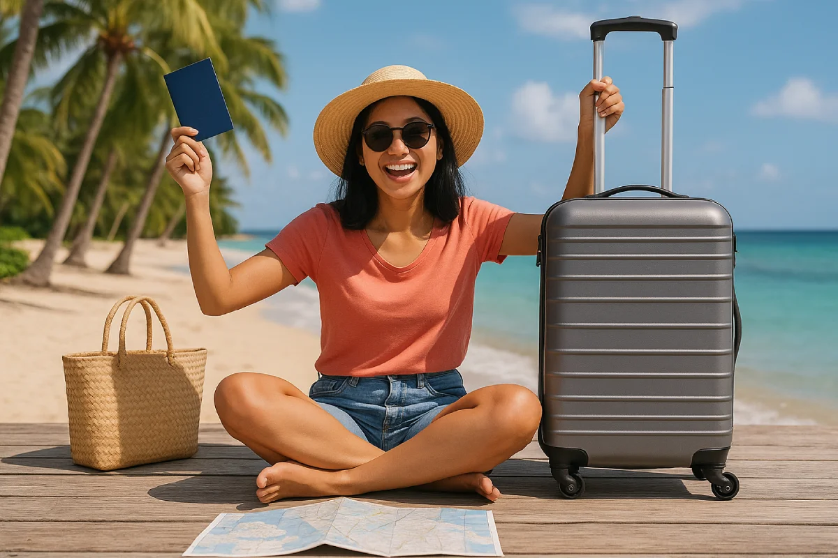 Ilustrasi suasana liburan ceria dengan keluarga di alam terbuka yang menunjukkan liburan murah meriah tanpa beban biaya berlebih.