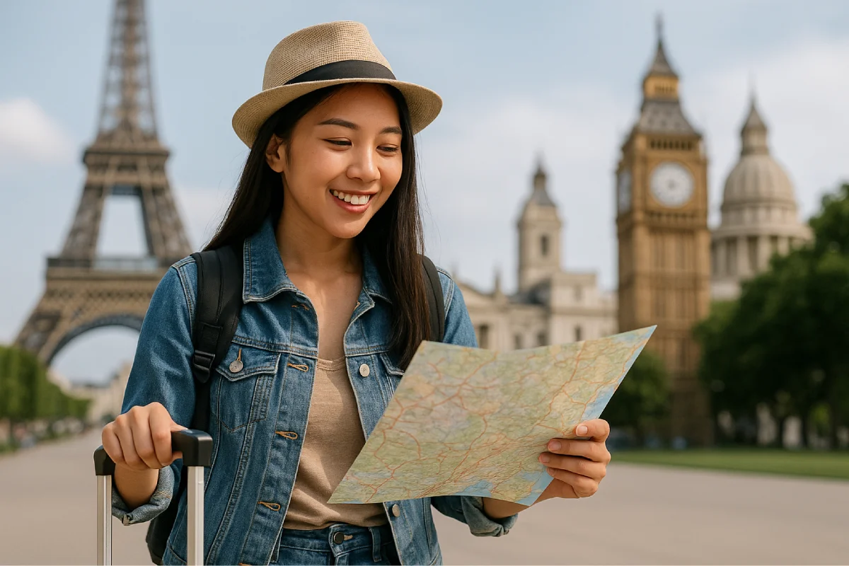 Seorang perempuan berdiri di depan monumen ikonik sambil memegang peta dan koper sebagai simbol Cara Liburan ke Luar Negeri yang menyenangkan dan terorganisir.