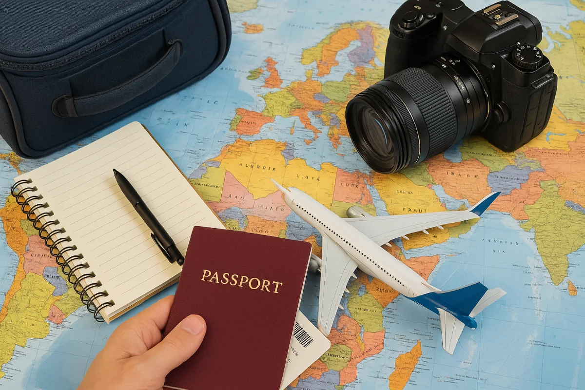 Sebuah peta dunia dengan buku catatan, kamera, paspor, dan mainan pesawat sebagai simbol Cara Liburan ke Luar Negeri yang terencana dan seru.