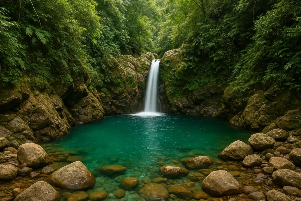 Curug Leuwi Hejo dengan aliran air terjun yang jernih, dikelilingi tebing batu dan pepohonan rindang di tengah kawasan alam terbuka.