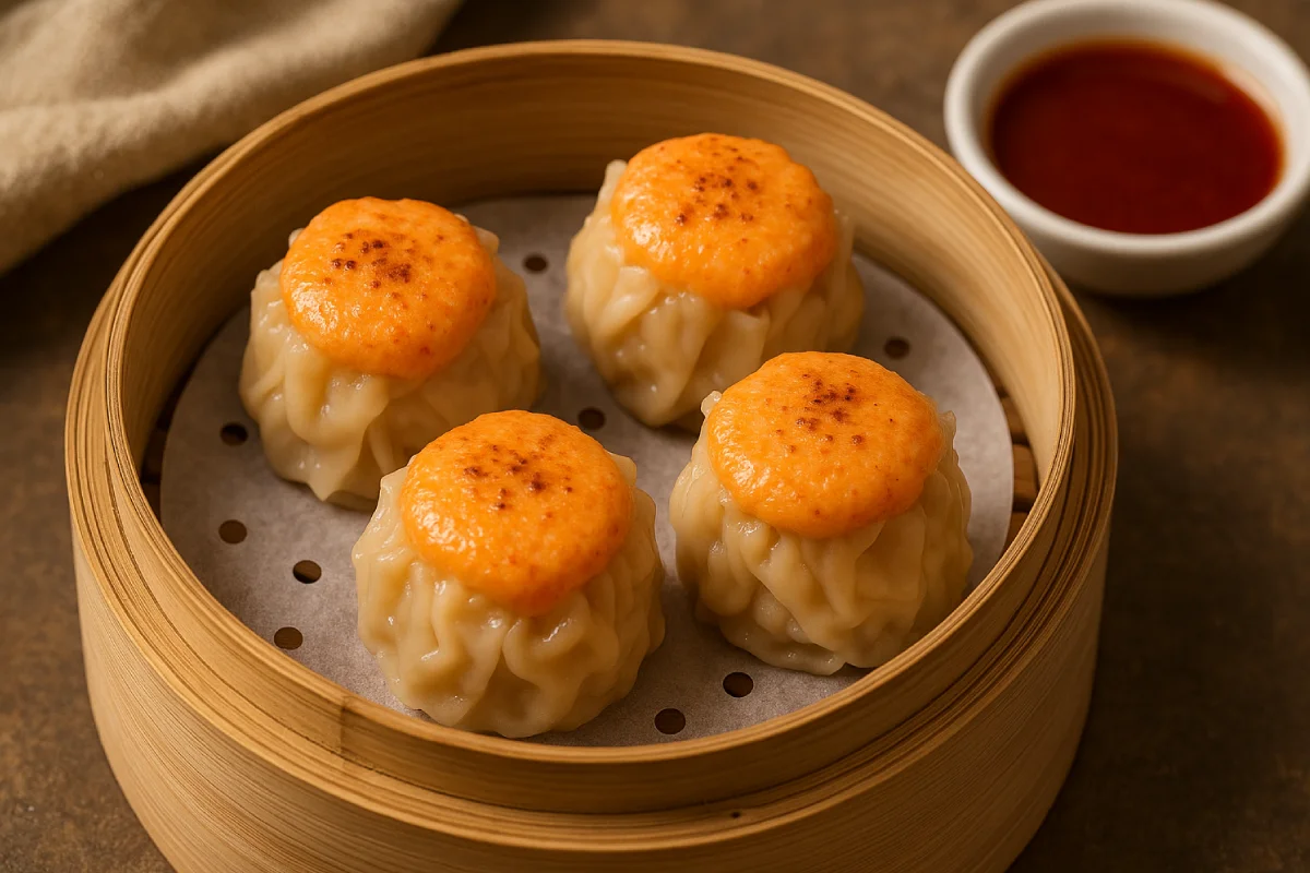 Dimsum mentai disajikan dalam wadah bambu dengan saus merah di sampingnya.