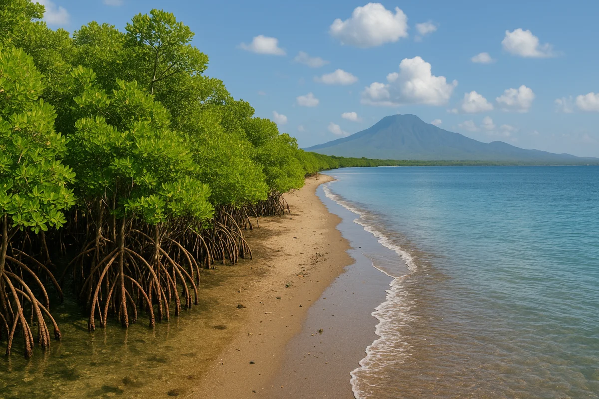 Pemandangan alam yang tenang di tepi pantai dengan hutan bakau hijau menjulur ke laut, gunung berdiri gagah di latar belakang