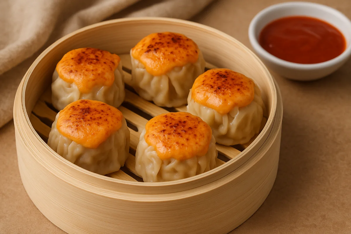 Dimsum mentai disajikan dalam wadah bambu dengan saus merah di sampingnya.