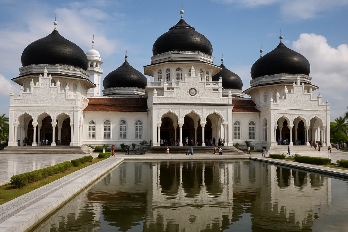 Masjid Raya Baiturrahman dengan kubah emas dan menara tinggi yang menjulang di tengah kota, menjadi simbol keagungan dan ketahanan umat Islam di Aceh.