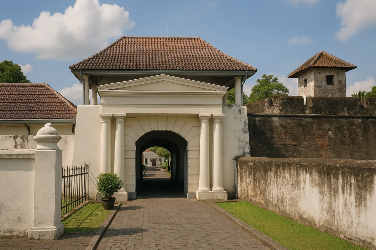 Museum Benteng Vredeburg yang menggambarkan benteng bersejarah dengan arsitektur kolonial di tengah kota Yogyakarta.