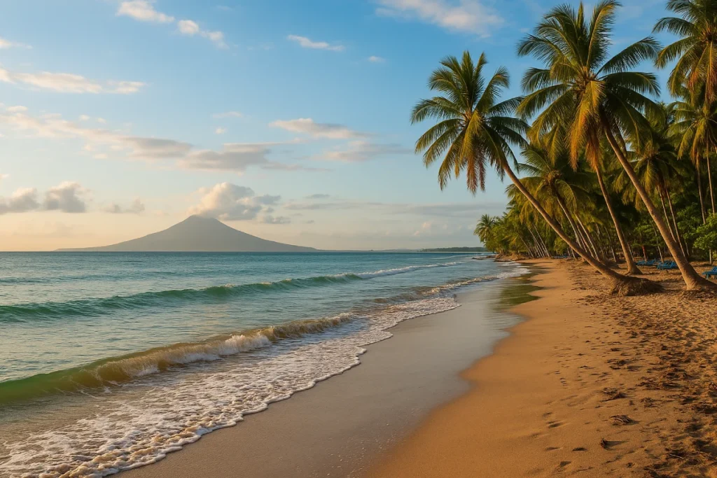 Ilustrasi Pesona Pantai Anyer melalui gambar siluet ombak, pasir putih, dan langit senja yang membalut suasana liburan yang tenang dan menyenangkan.