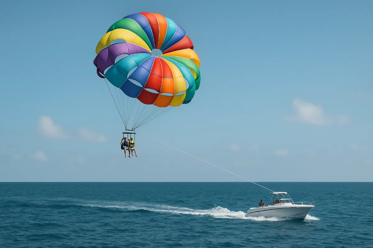 Paret (Parasailing) dengan seseorang terbang di atas laut biru sambil diikat pada parasut yang ditarik perahu, menikmati pemandangan dari ketinggian.