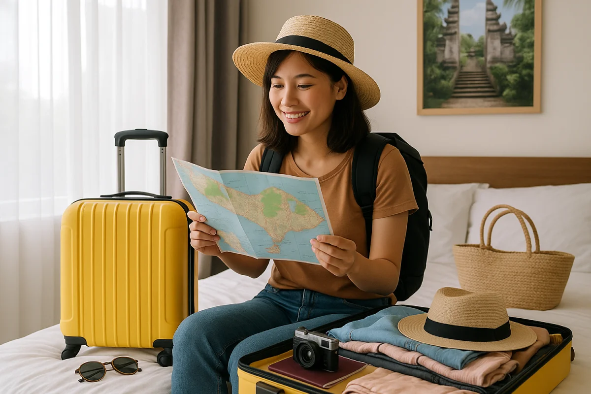 Persiapan Traveling ke Bali , yang mencakup perencanaan rute, pengemasan barang penting, dan persiapan mental untuk menjelajahi destinasi impian.