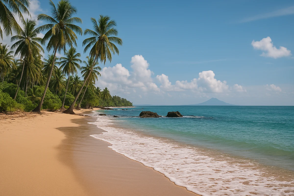 Ilustrasi Pesona Pantai Anyer melalui gambar siluet ombak, pasir putih, dan langit senja yang membalut suasana liburan yang tenang dan menyenangkan.