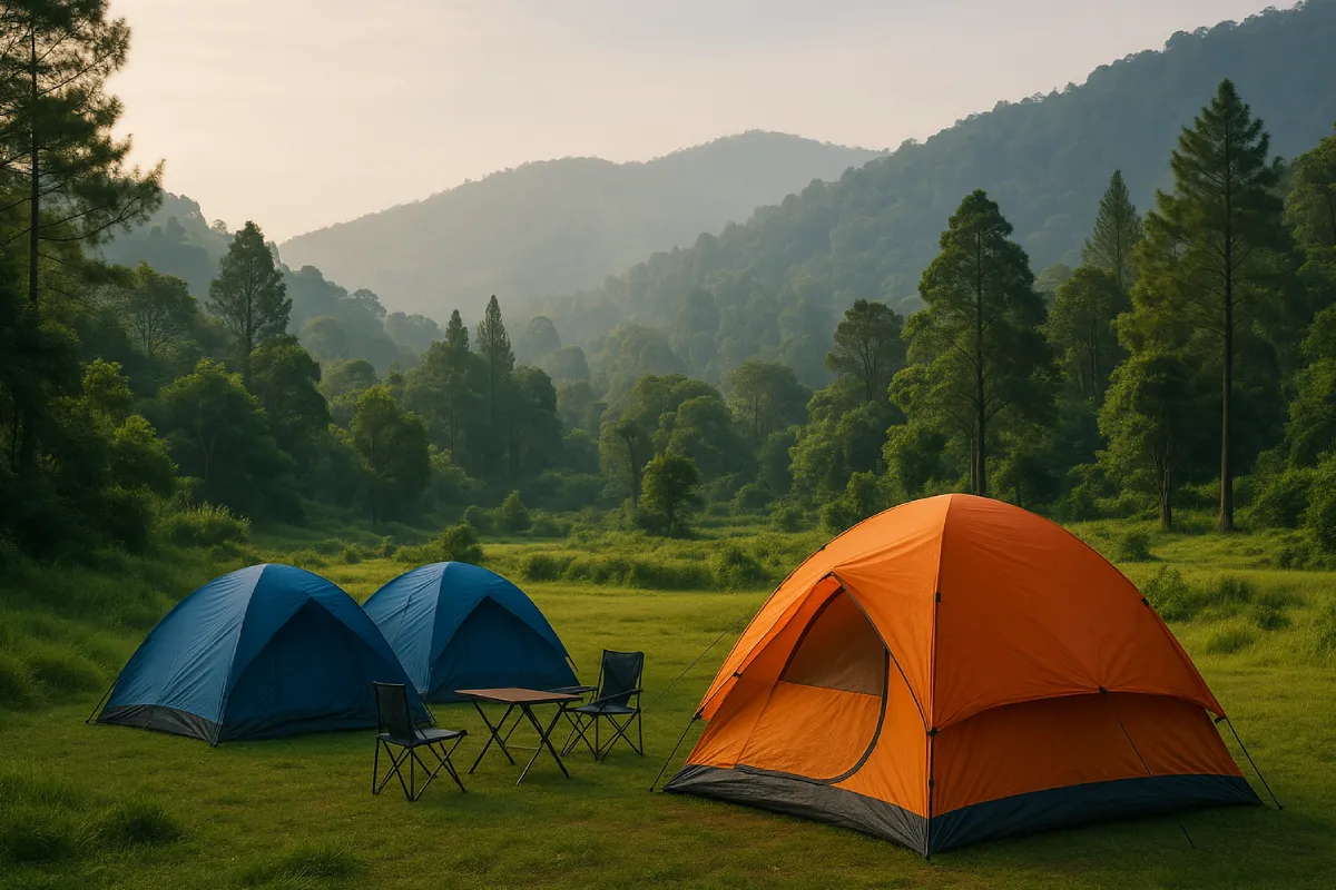 Rekomendasi Camping Ground Murah di Puncak dengan tenda berkemah di tengah alam hijau, dikelilingi pepohonan dan udara pegunungan yang sejuk.