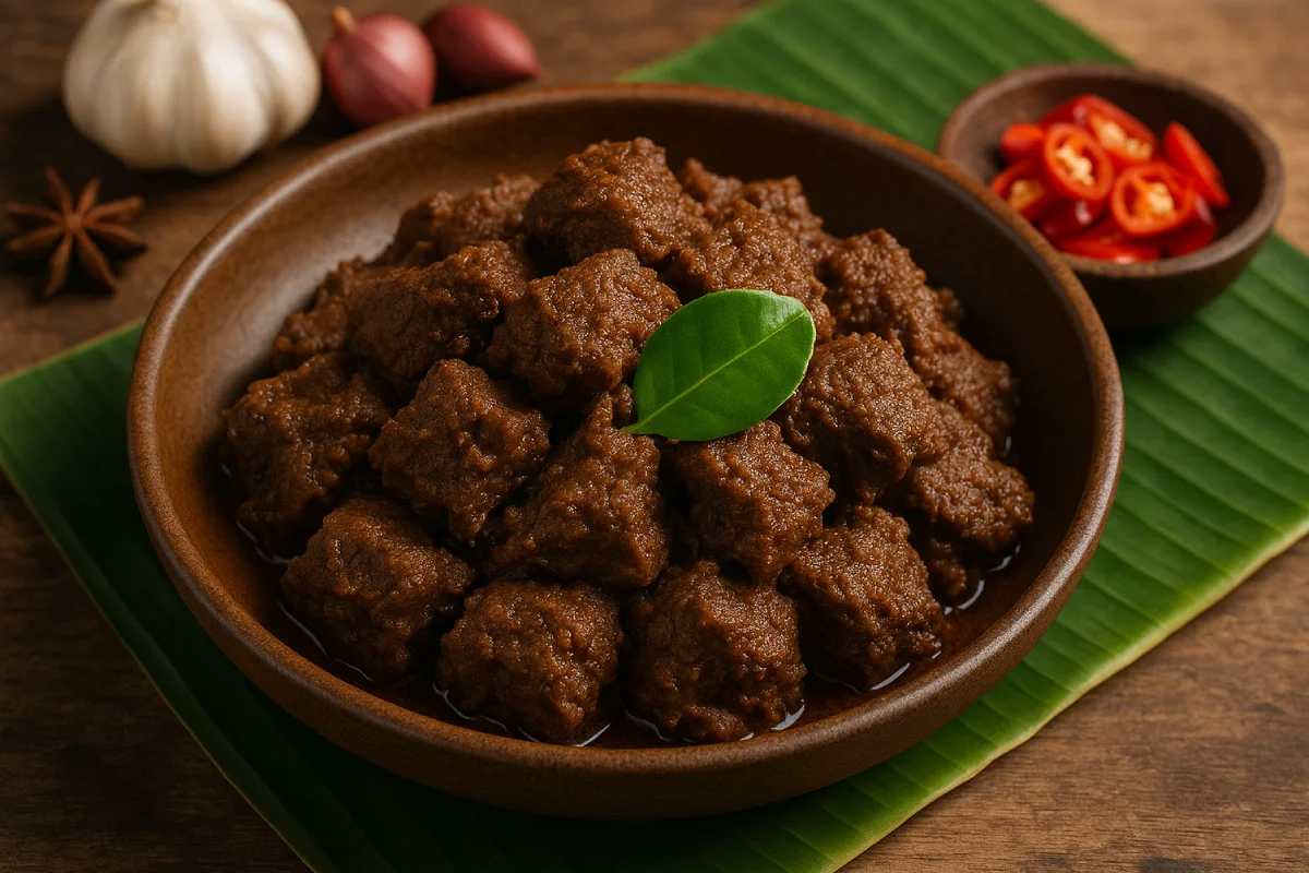 Kuliner Sumatera Barat , yang mencakup hidangan ikonik seperti rendang, serta kekayaan rasa dan bumbu tradisional.