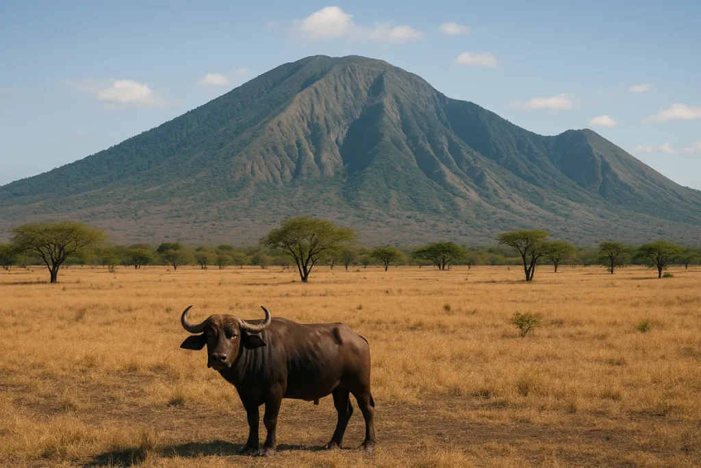 Seekor banteng berdiri gagah di padang rumput kering Taman Nasional Baluran, dengan gunung hijau sebagai latar belakang yang menawan.