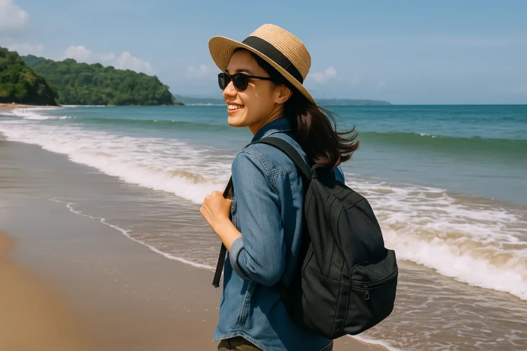 Seorang wanita menikmati Wisata Hemat di Pangandaran dengan berjalan kaki di pantai sambil membawa ransel.