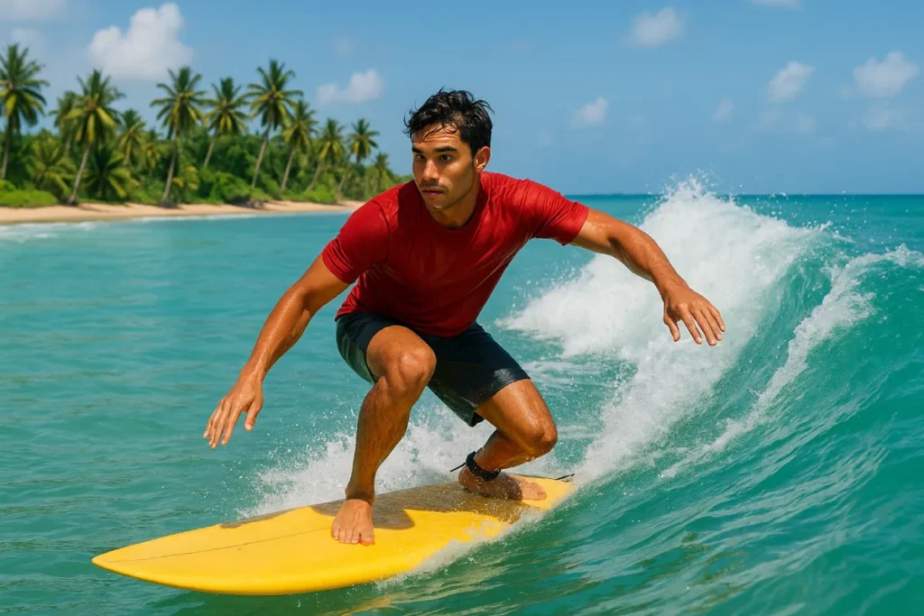olahraga air dengan aktivitas seperti berenang, kano, dan selancar ombak di perairan biru jernih yang dikelilingi alam tropis.