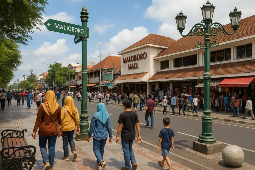 Wisata Jogja dekat Malioboro yang menampilkan suasana khas kota tua, jalan raya ramai, dan destinasi budaya di sekitar pusat kota.