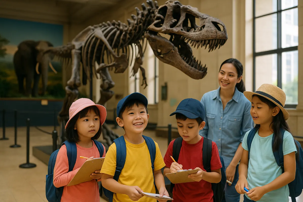 Anak-anak sedang belajar tentang dinosaurus di museum dengan ekspresi antusias, mengamati fosil besar sambil mencatat di buku, bagian dari pengalaman wisata edukasi anak di Jakarta.