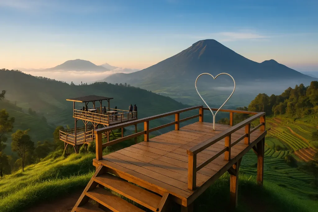 Sebuah platform kayu dengan jembatan berbentuk hati di atasnya, menawarkan pemandangan luas bukit angkruk Dieng dengan gunung-gunung hijau dan awan yang membumbung di latar belakang.