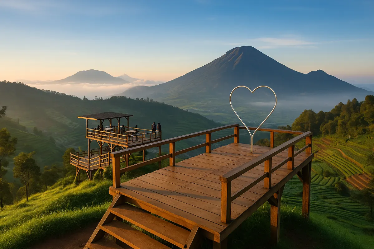 Sebuah platform kayu dengan jembatan berbentuk hati di atasnya, menawarkan pemandangan luas bukit angkruk Dieng dengan gunung-gunung hijau dan awan yang membumbung di latar belakang.