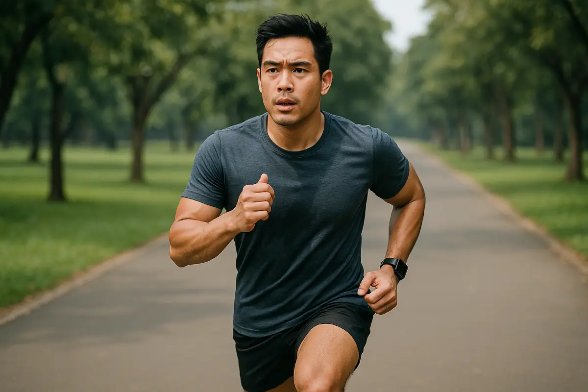 Seorang pria sedang berlari di jalur taman dengan ekspresi fokus, menggambarkan cara agar stamina kuat saat lari.