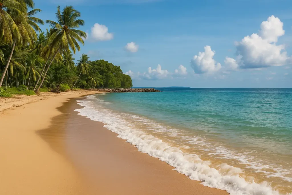 Pantai Marina Banten dengan ombak lembut, pasir halus, dan pohon kelapa yang menghiasi tepi pantai.