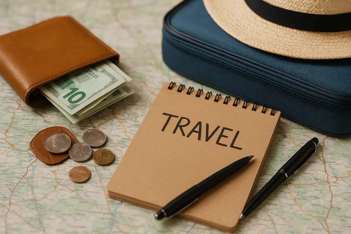 Sebuah buku catatan bertuliskan "TRAVEL" diletakkan di atas peta, dikelilingi dompet, koin, topi, dan tas kecil, menggambarkan persiapan praktis dari Tips Hemat Uang untuk Traveling.
