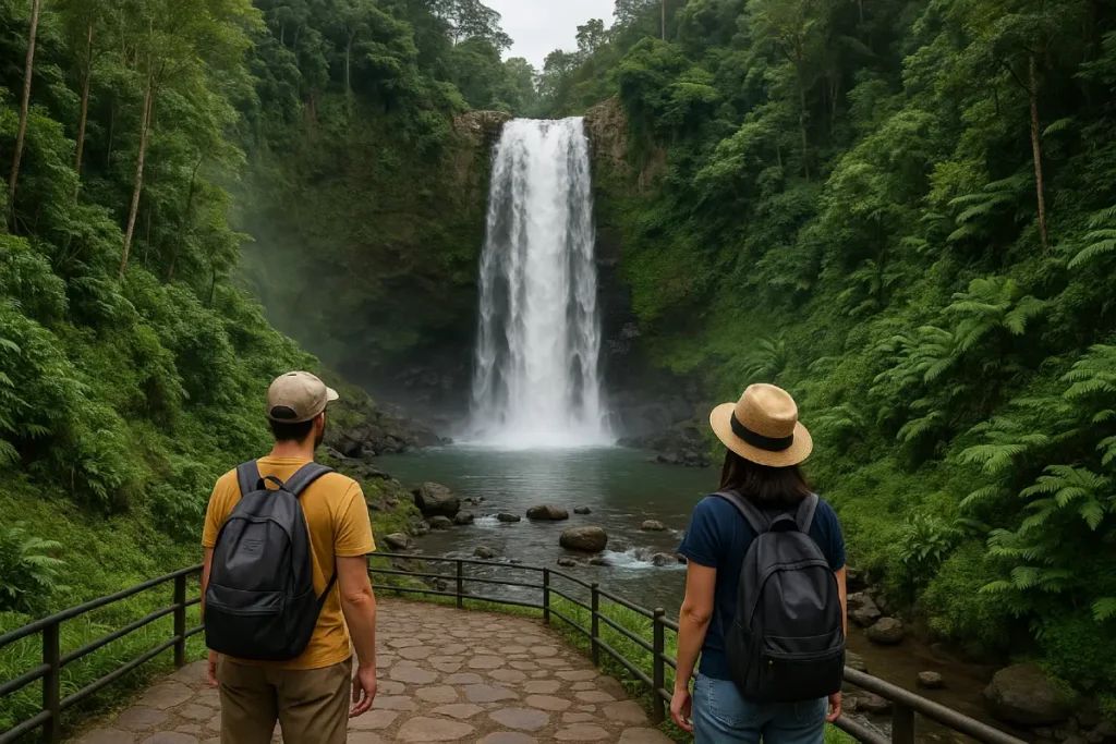 Dua wisatawan menikmati pemandangan air terjun di tengah hutan lebat, salah satu daya tarik utama dalam wisata Purwokerto.