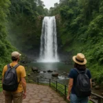 Dua wisatawan menikmati pemandangan air terjun di tengah hutan lebat, salah satu daya tarik utama dalam wisata Purwokerto.