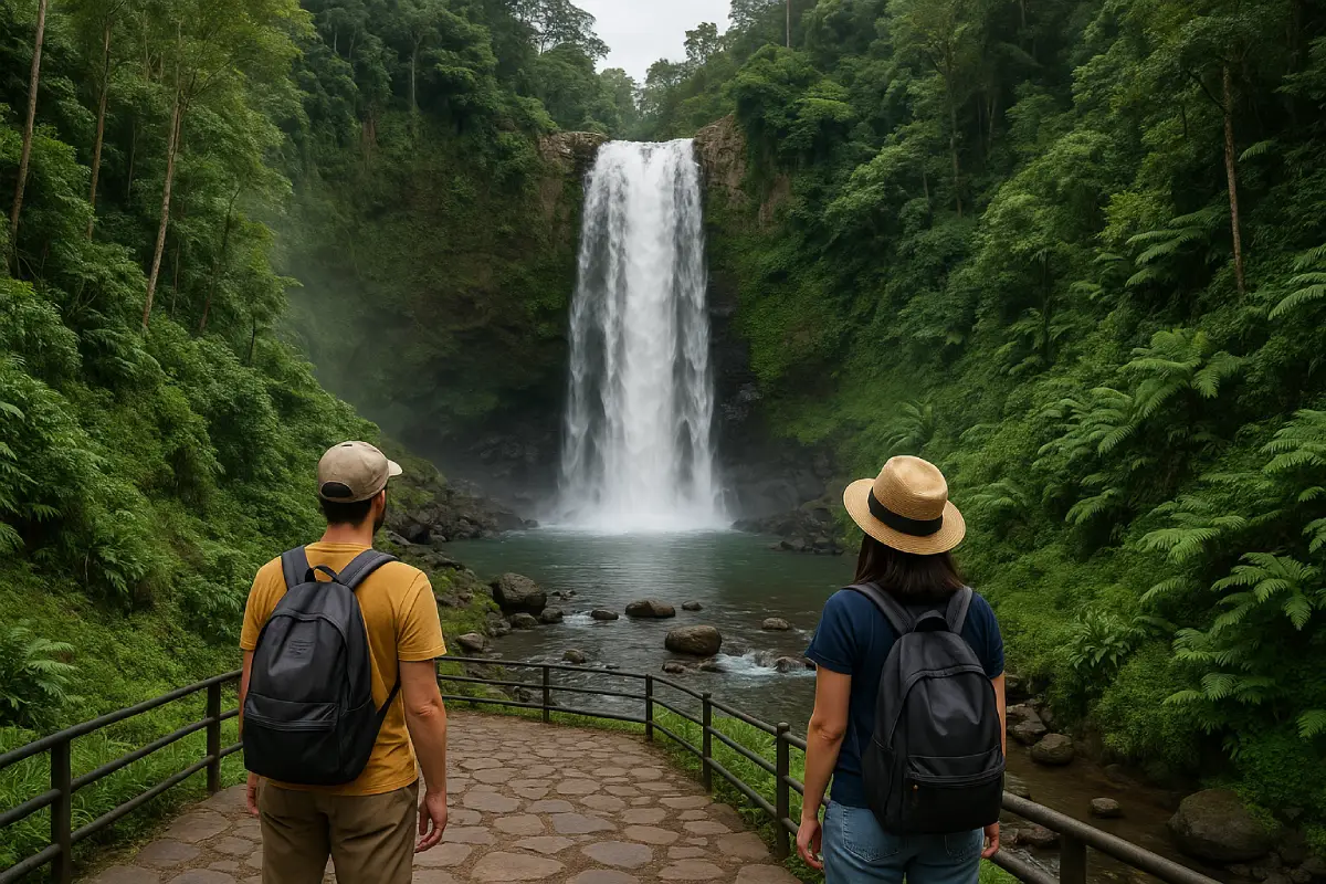 Dua wisatawan menikmati pemandangan air terjun di tengah hutan lebat, salah satu daya tarik utama dalam wisata Purwokerto.